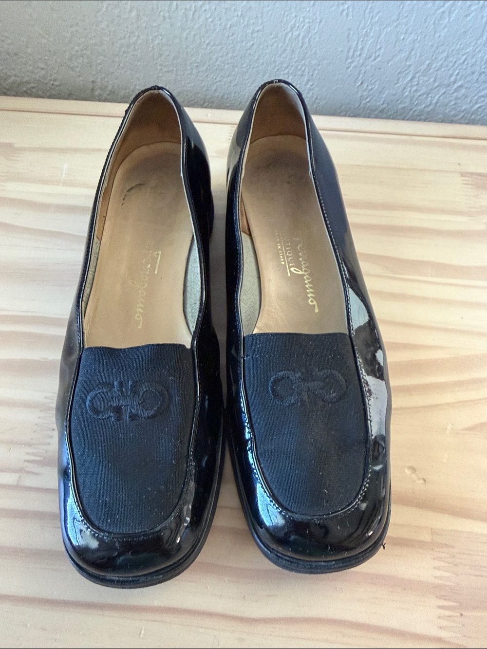 Salvatore Ferragamo Black Patent Leather Loafers with Embroidered Vamp